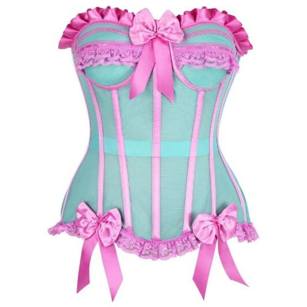 Steel Boned Mint/Pink Mesh Underwire Bustier Corset